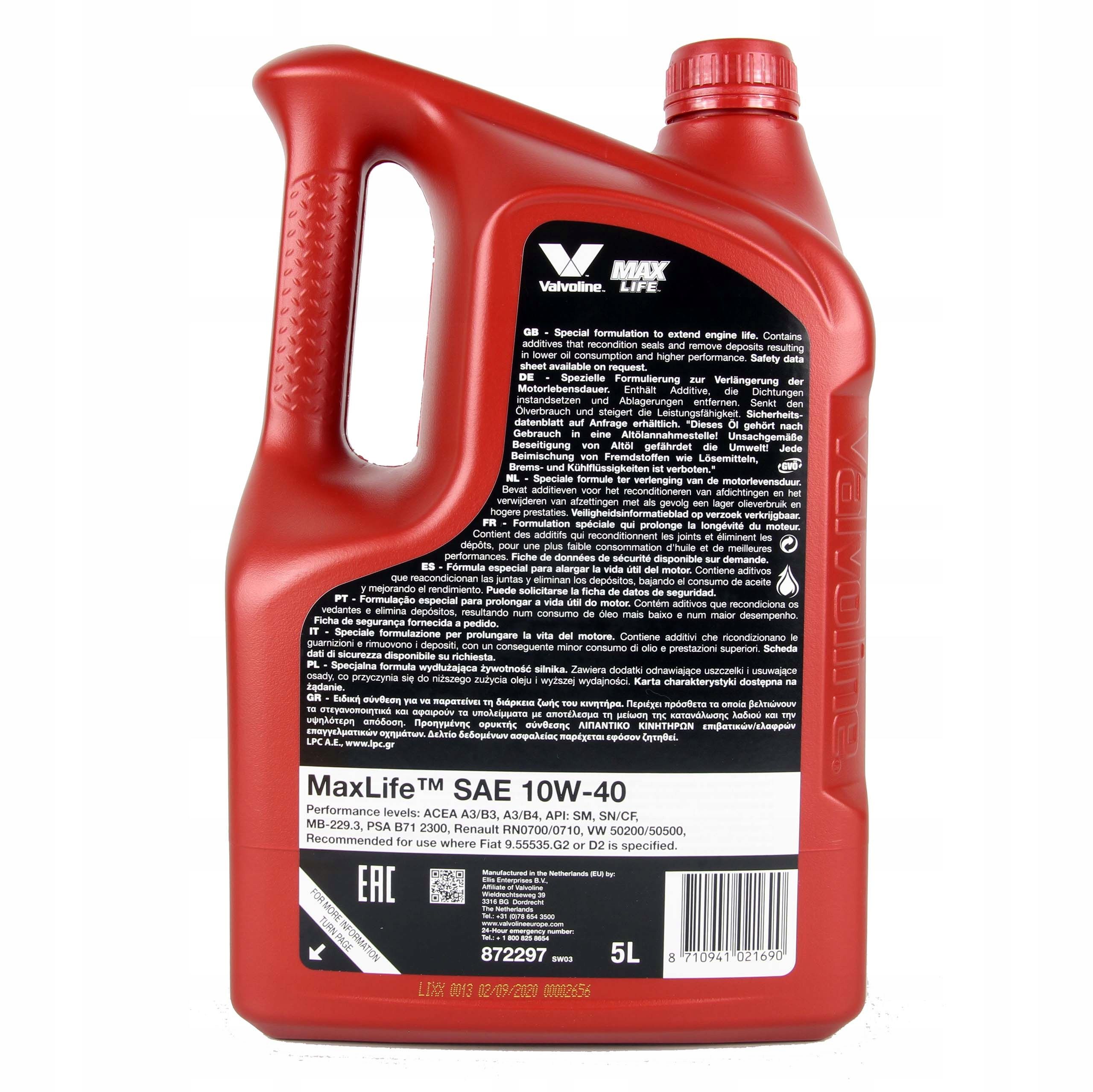 Valvoline Maxlife 10W40 Max Life Olej Silnikowy 5L