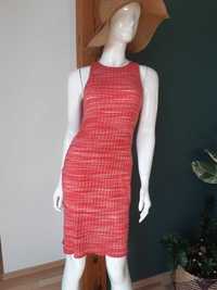 różowa czerwona malinowa prążkowana sukienka midi odkryte plecy ZARA S