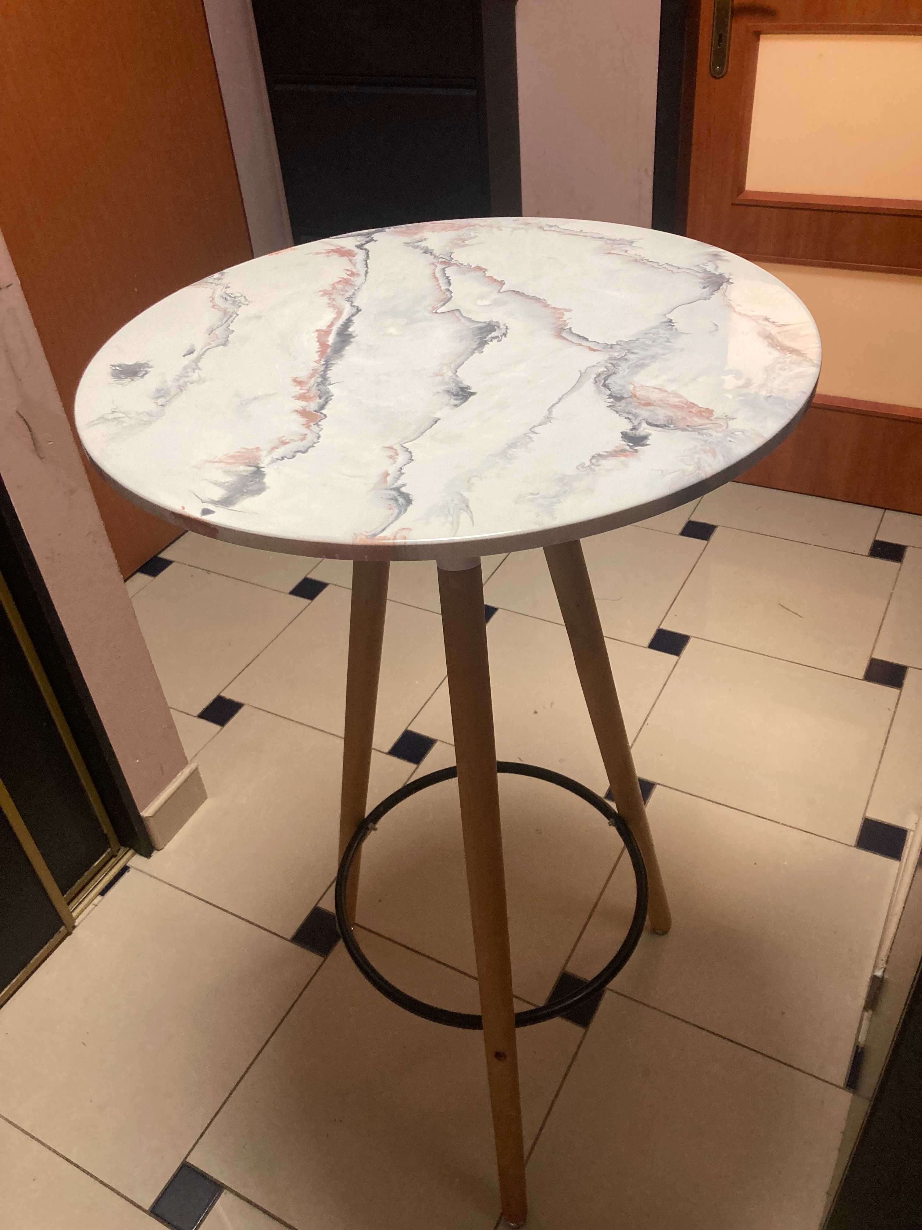 Stolik barowy okrągły 60x103 cm biały ciekawy wzór imitujący marmur