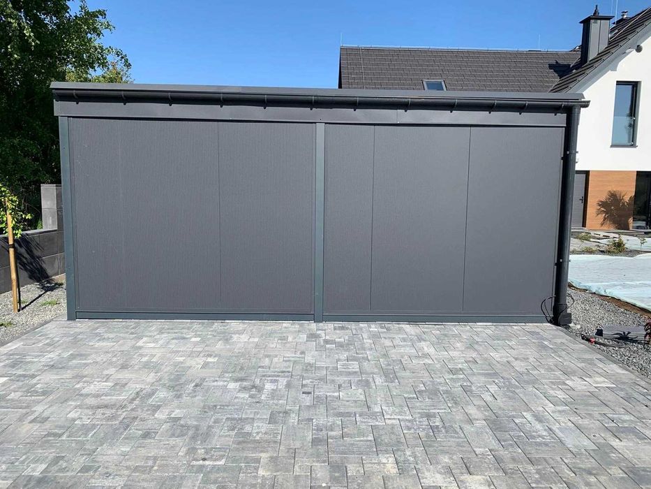 Wiata 5x7m z pomieszczeniem z tyłu PIR – żaluzja premium RAL 7016 (3D)