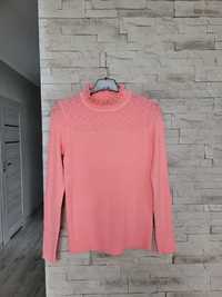 Nowy z metką różowy sweterek z golfem z haftem miękki w prążki S/M