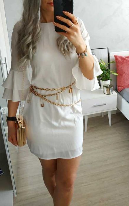 Traffic People biała sukienka z falbaniastymi rękawami S 36