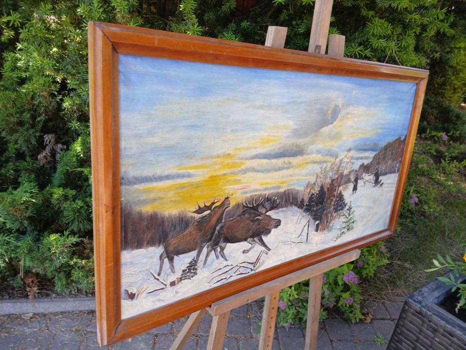 Obraz ręcznie malowany, stary Łosie, scenka na śniegu, polowanie 93x52