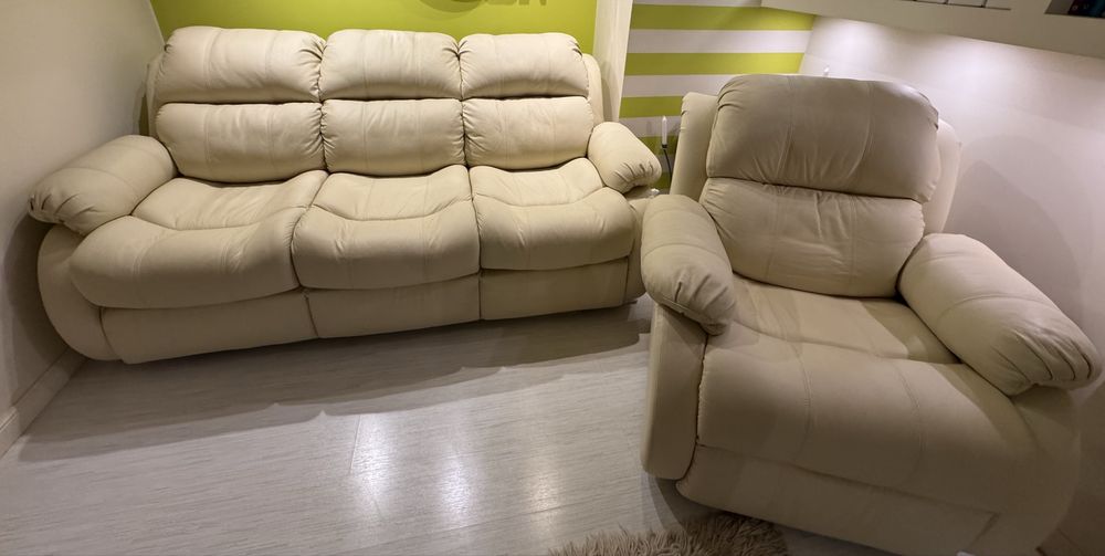Komplet wypoczynkowy 3+1 skóra, kremowy