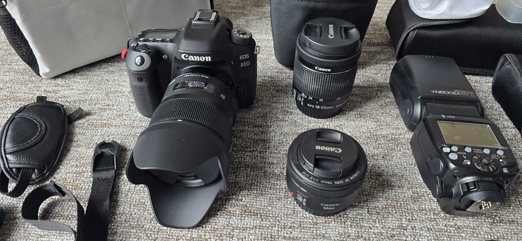 Aparat Canon EOS 80D z obiektywem 35mm f1.4, lampą i akcesoriami