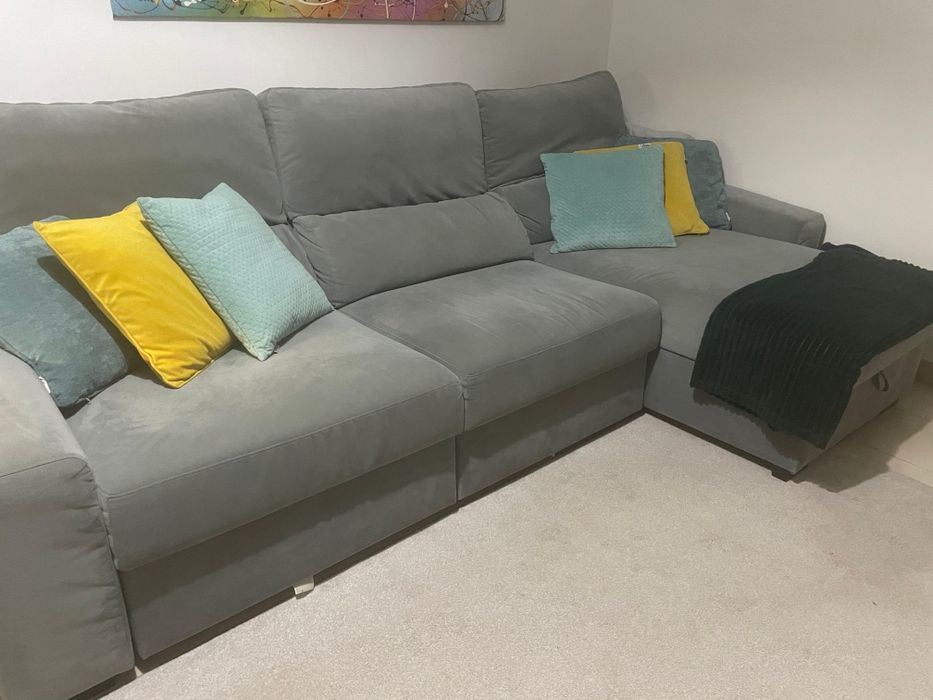Sofá Keen cinza Chaise Longue (extensível /cama, com arrumo)