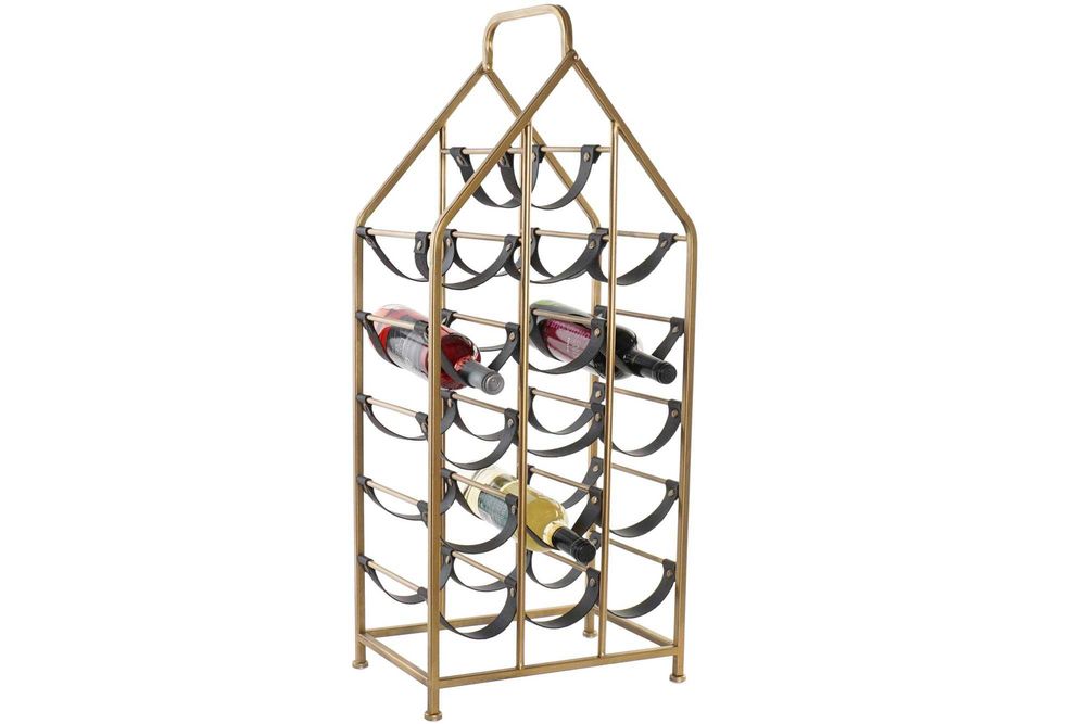 Garrafeira de Metal Dourada e Pele - 37x82cm - 16 garrafas By Arcoazul