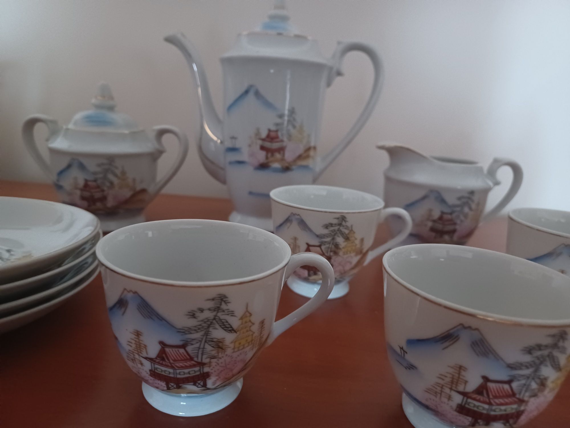 Serviço de Café Chinês com litofano de Gueixas