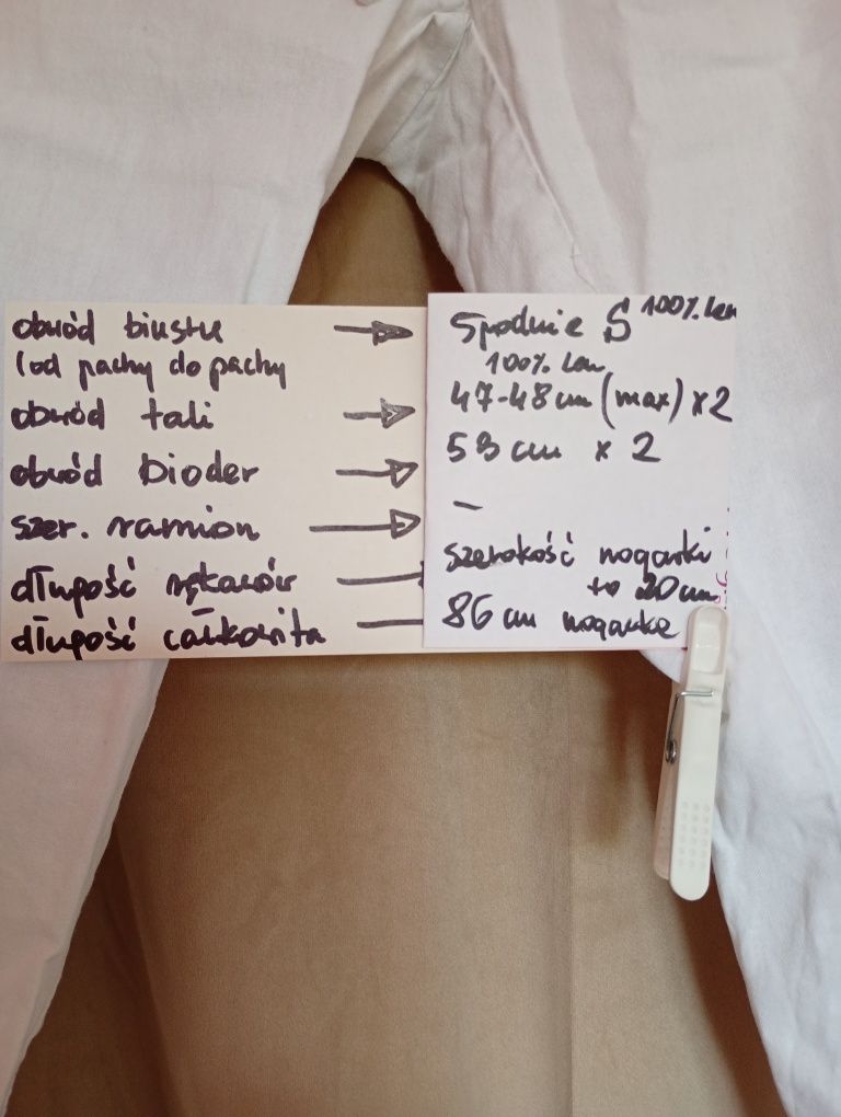 Spodnie len 100% białe prosta nogawkana gumach z troczkami S