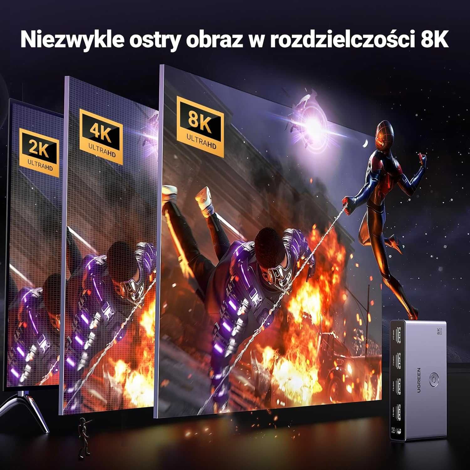 UGREEN 15604 Przełącznik 8K60Hz HDMI 2.1 Rozdzielacz 3 w 1 BEZ PILOTA