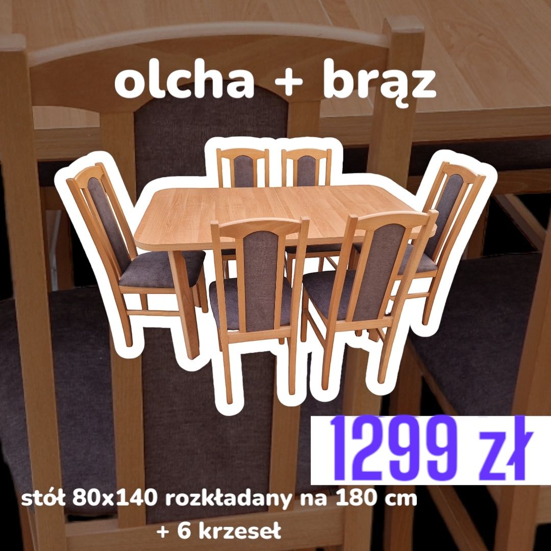 Nowe: Stół 80x140/180 + 6 krzeseł, olcha + cappuccino, dostawa cała PL