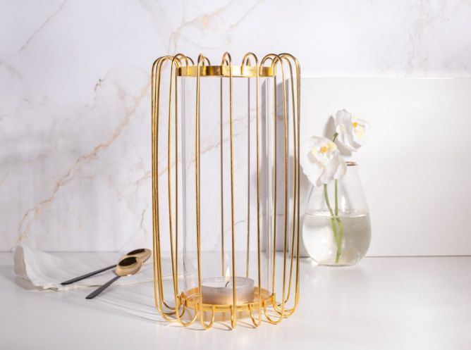 Świecznik metalowy Altom Design szprosowy złoty wys. 32 cm ze szkłem