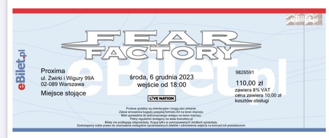 2 bilety bilet koncert  Fear Factory Warszawa klub Proxima 06.12.2023