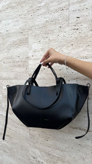 Сумка шопер POLENE Cyme mini коричневая, черная, натуральна шкіра