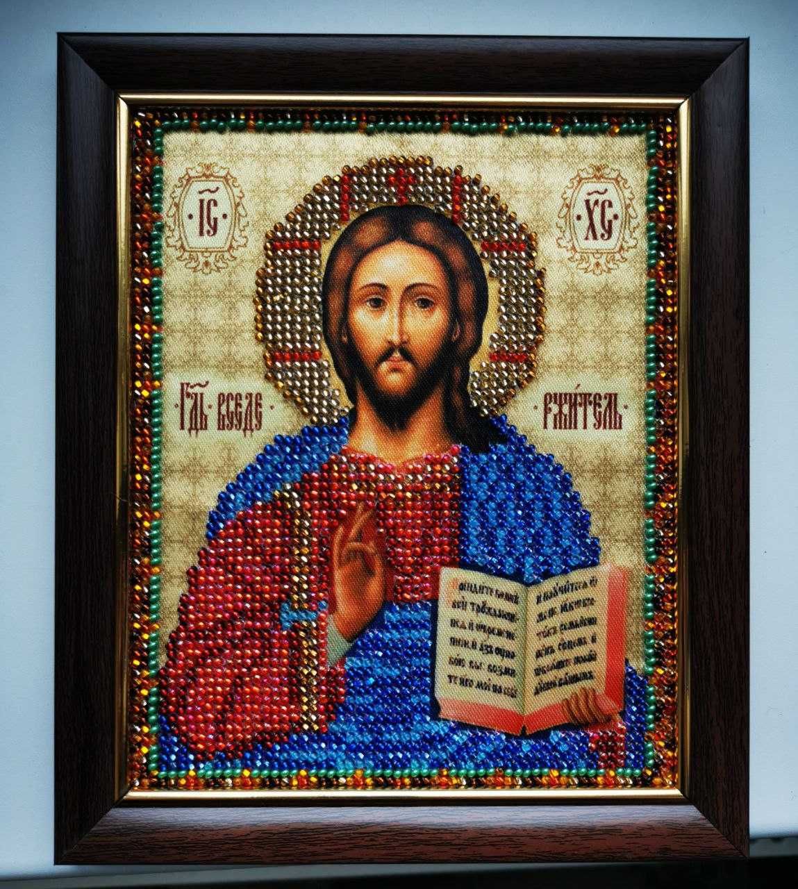 Икона Иисус Вседержитель вышитая чешским бисером