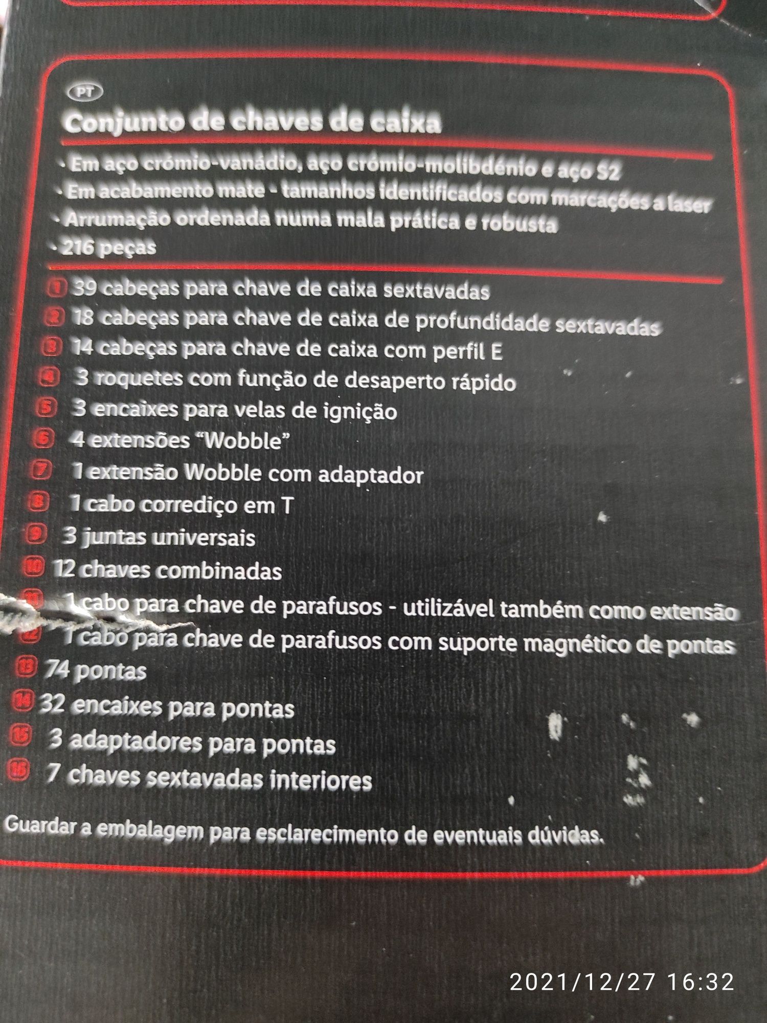 Mala de ferramentas de 216 peças em aço S2 nova