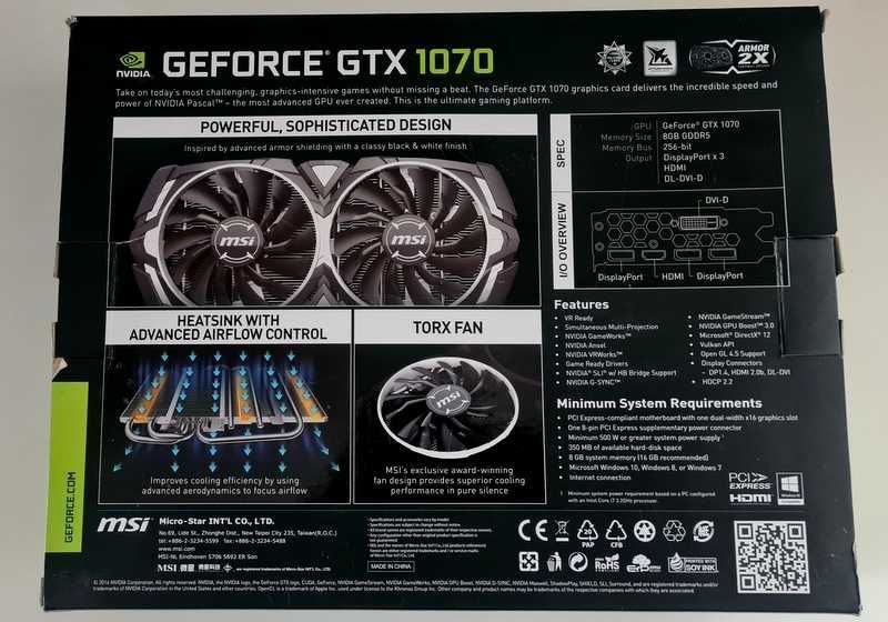 MSI GeForce GTX 1070 ARMOR 8G OC 8GB DDR5 256bit używana