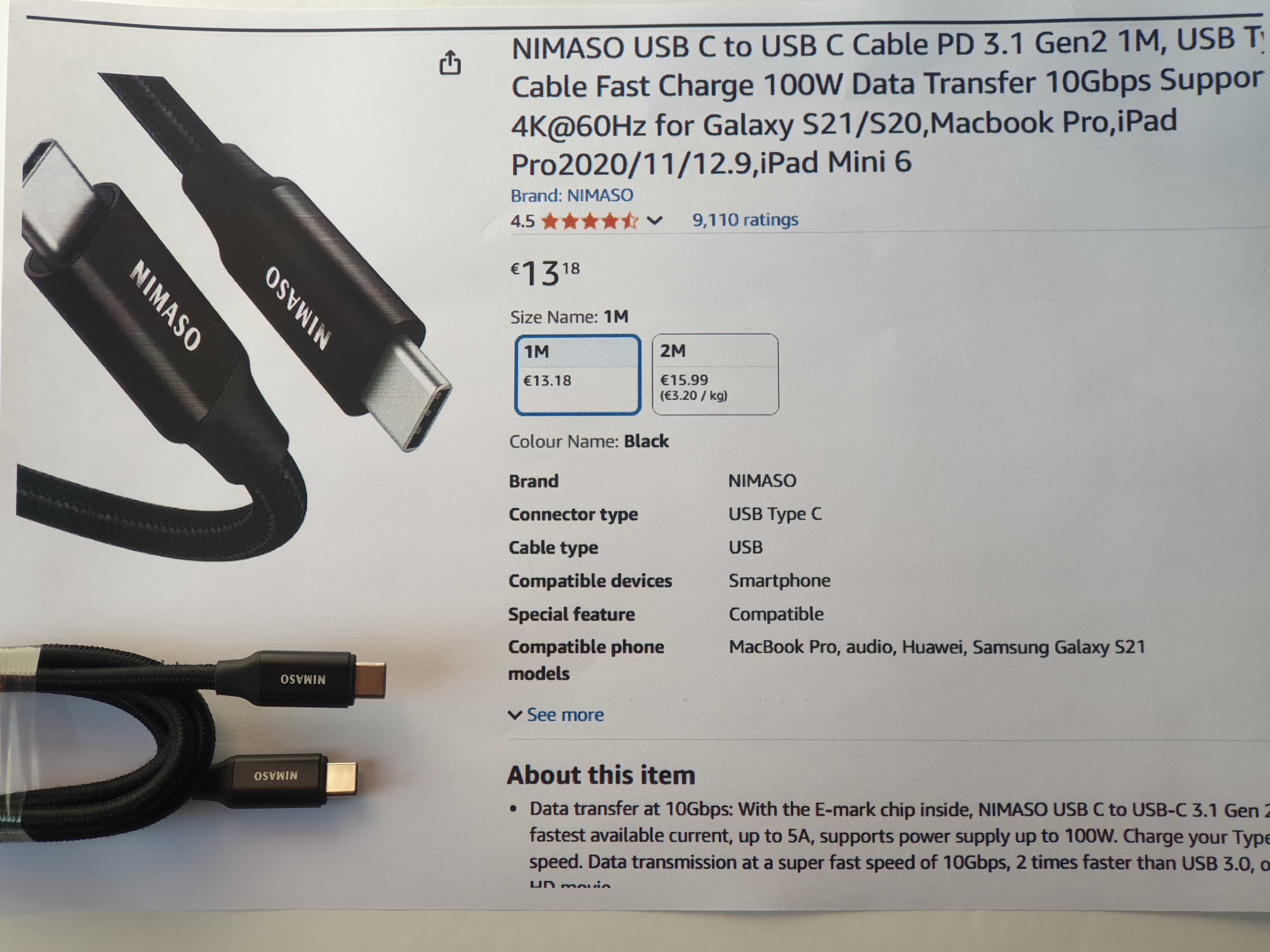 Кабель USB Type C to USB C 3.1 Gen2 1M, NIMASO  100W 4K 60Hz 10Gbps,