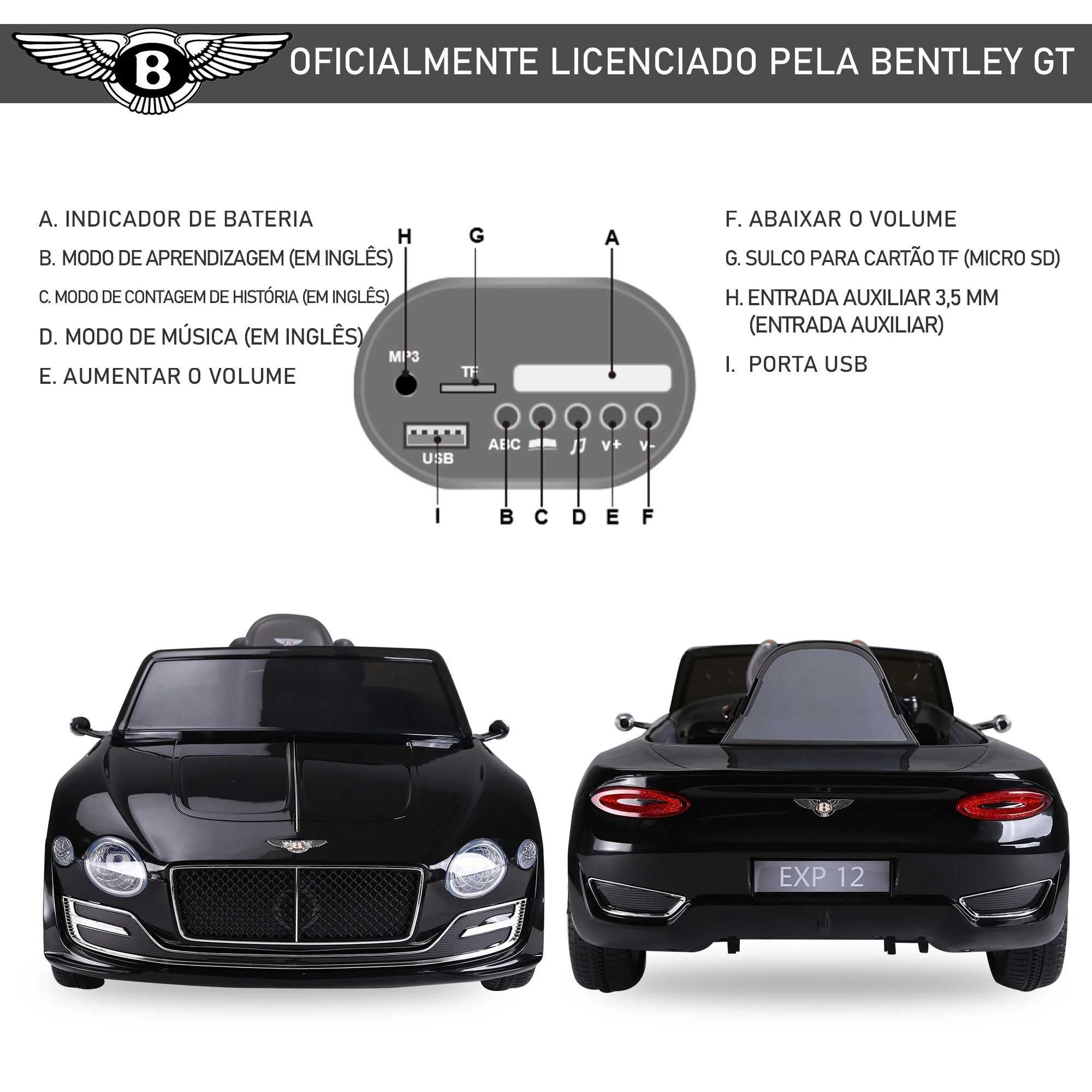 Bentley GT Preto elétrico para crianças 3--5 anos com controlo remoto