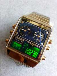 Złoty zegarek męski kwadratowy. 2 tarcze analogowe + zegar cyfrowy.
