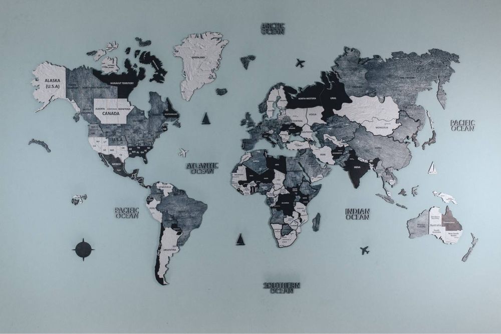 Карта світу з дерева на стіну 195х125, карта мира,настінний декор