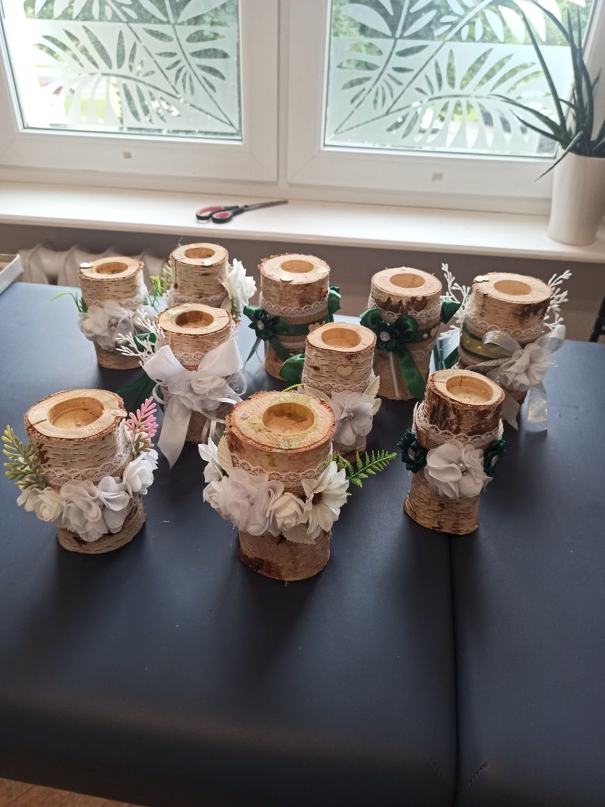 10szt  Świeczniki brzozowe wesele ręcznie zdobione