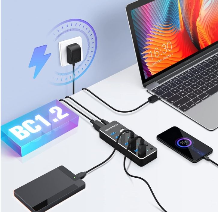 RSHTECH Hub USB 3.0 z 10W Zasilacz Aluminiowy 7 portów USB POWYSTAWOWY