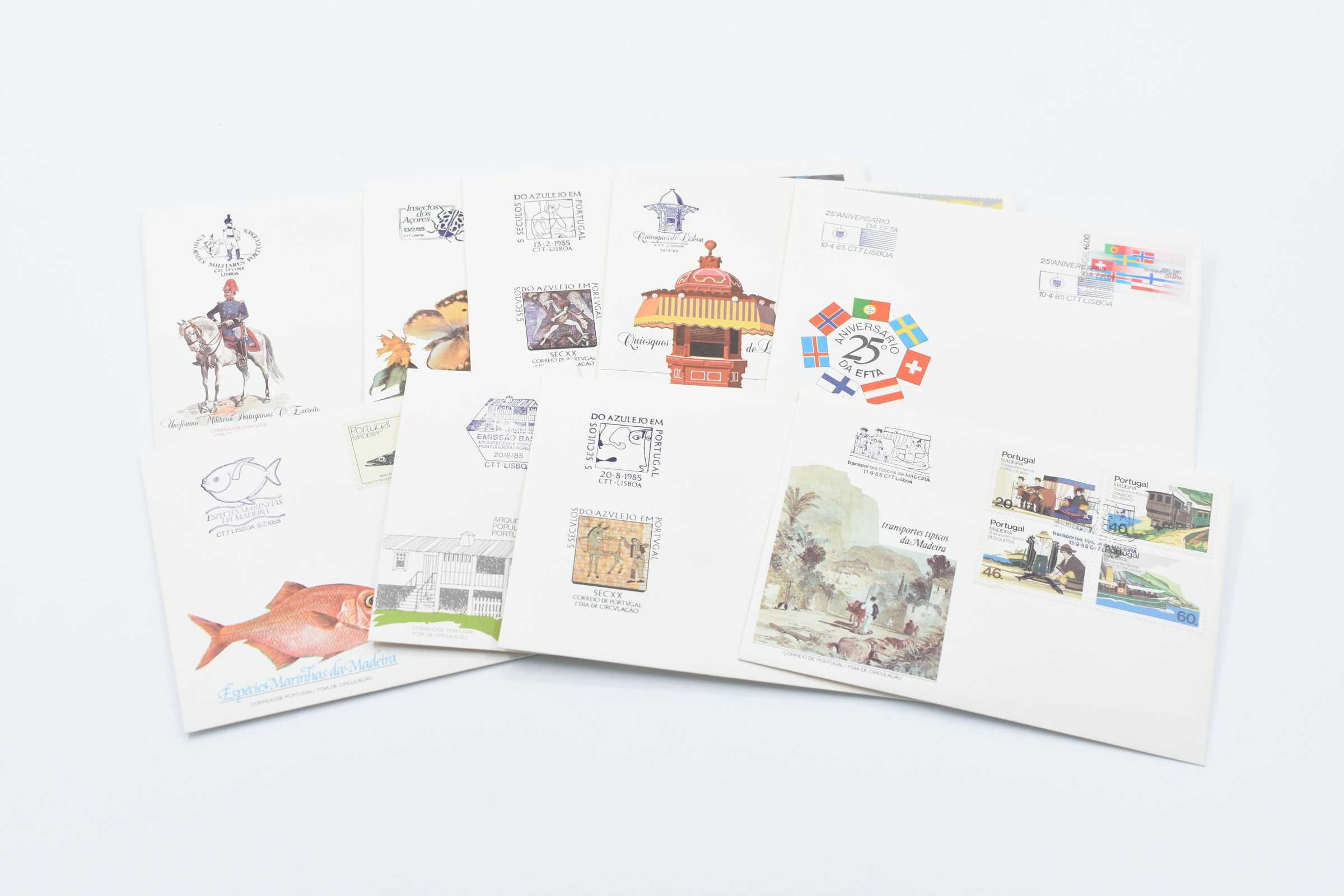 Coleção 21 sobrescritos FDC, selos e pagelas emitidos pelos CTT - 1985