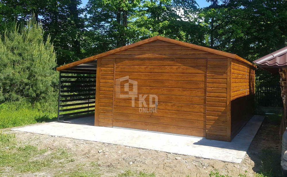 Garaż Blaszany 4X5 + Wiata 1,5X5 Brama Drewnopodobny Tkd140