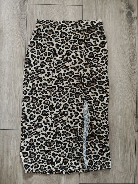 Spódnica midi * rozcięcie * panterka * S 36 * wiskoza