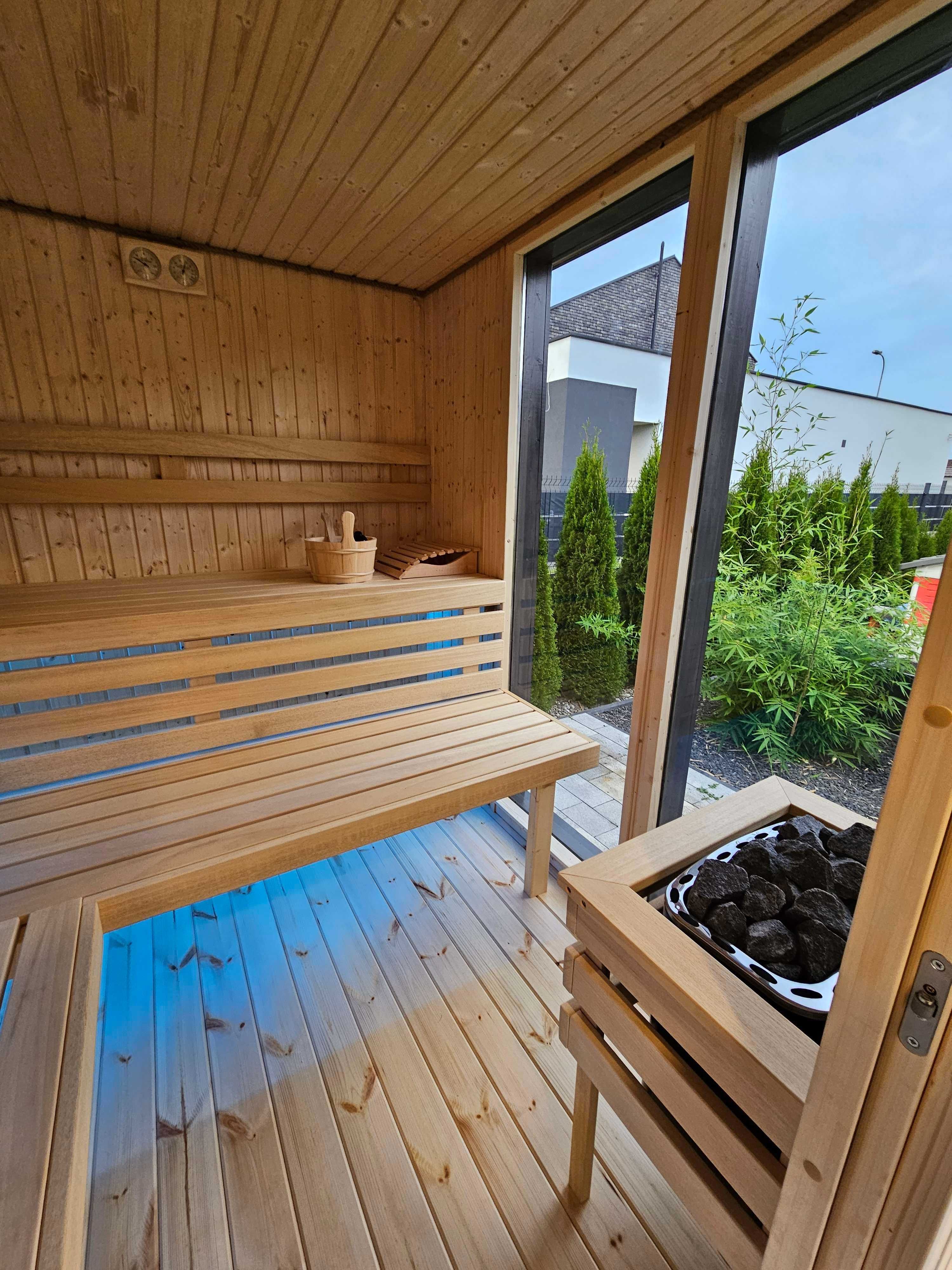Sauna fińska, sucha, zewnętrzna, ogrodowa, beczka, SPA, model Tallin