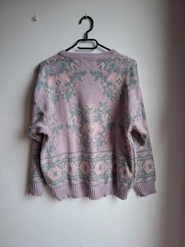 Sweter liliowy fioletowy vintage unikat we wzory oversize 36 38 40