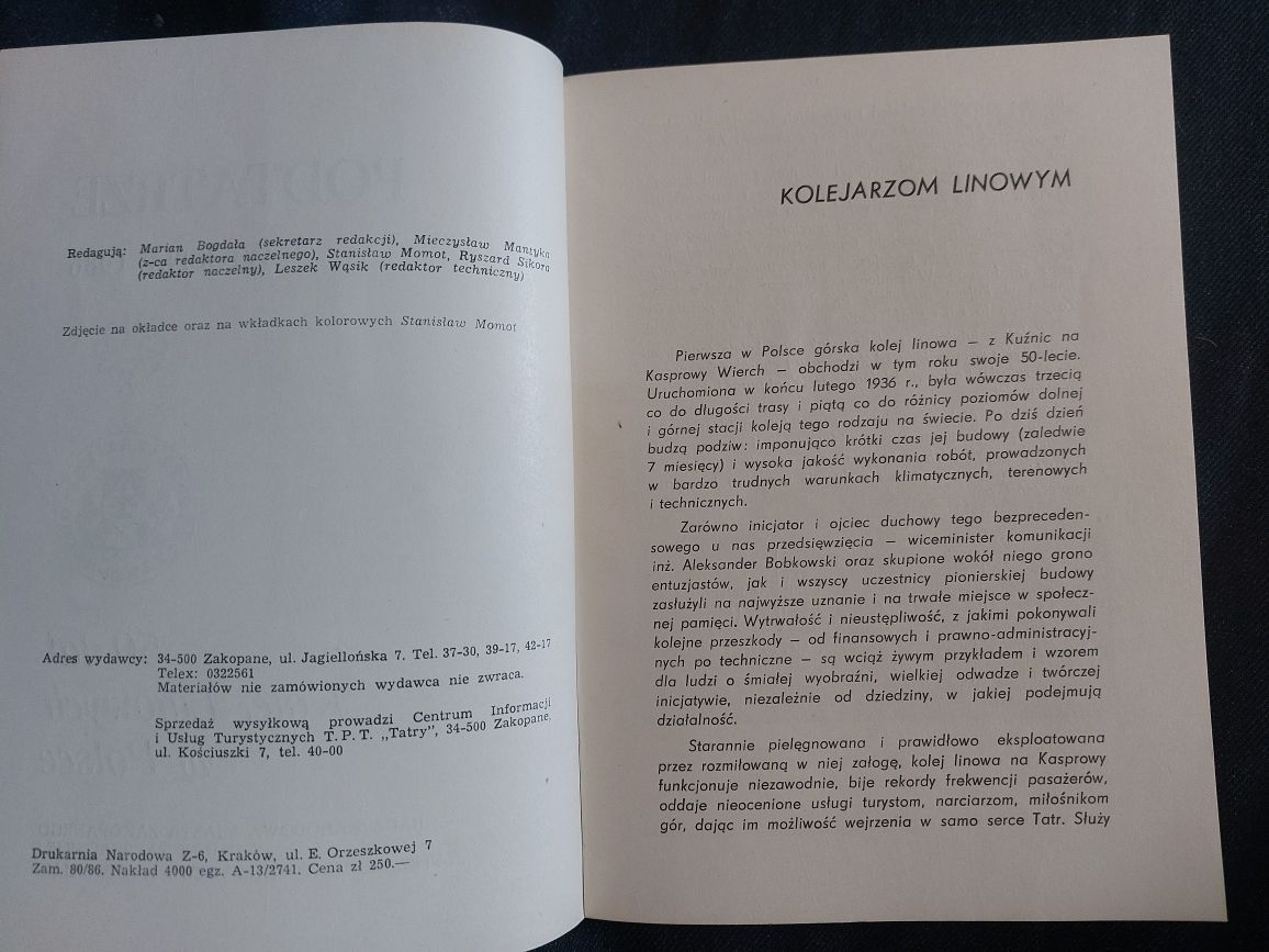 Podtatrze Wiosna 1986/50 lat Kolei Linowych w Polsce 1986 Zakopane TTK