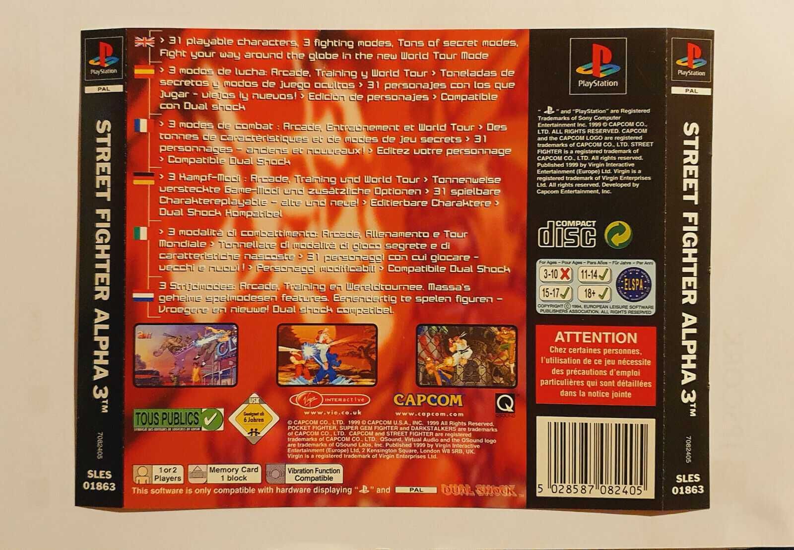 Street Fighter Alpha 3 Back Cover Inlay Traseiro Playstation 1 PAL ps1