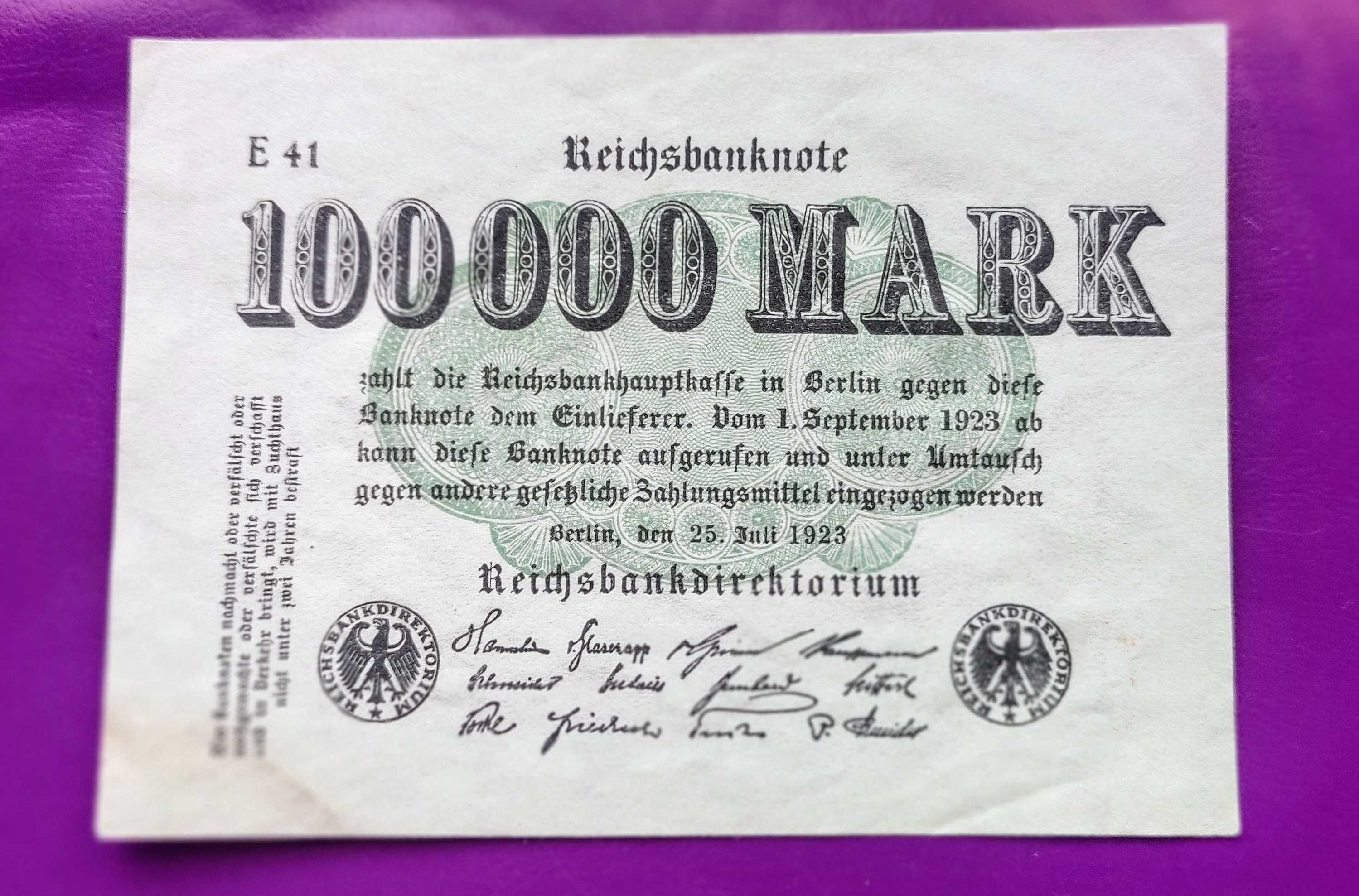Banknot Niemcy 100.000 Mark 1923 - E41 / Ładny