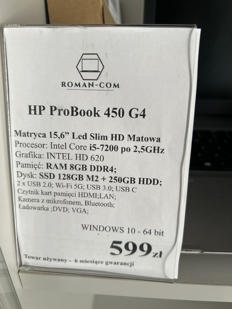Laptop Poleasingowy HP 450 G4/i5-7200U 2,5GHz/Dyski 378GB/RAM 8GB/15"/