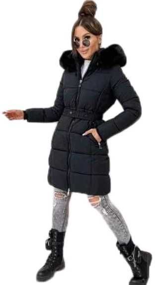 Pikowany puchowy płaszcz zimowy kurtka CAMEL jenot pasek futro M