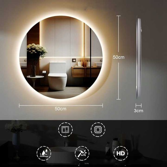 GIMBELEN okrągłe lustro LED 50 cm z zimnym światłem IP44