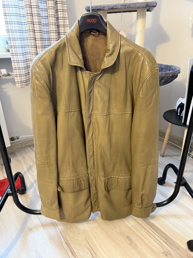 Męski brązowy / zielony szwedzki skórzany płaszcz vintage retro XL