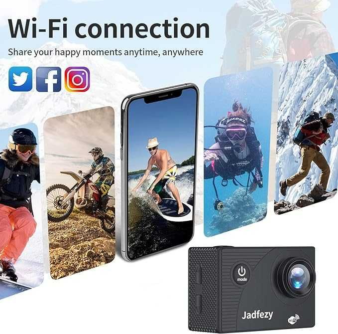 Jadfezy WiFi Action Cam HD 1080P 12MP wodoodporna zestaw akcesoriów