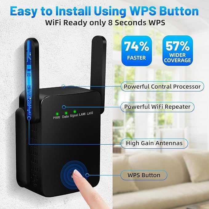 Wzmacniacz Wi-Fi o prędkości 1200 Mbps,  WLAN Dual-Band 2,4 GHz i 5Ghz