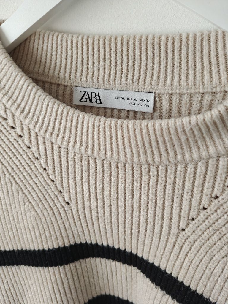 Sweter damski ciepły kremowy w paski Zara jesień zima XL