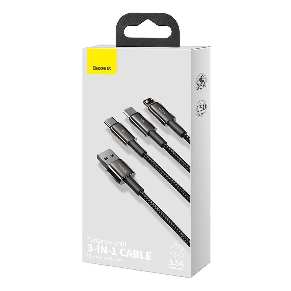Kabel 3w1 USB-C, Lightning, microUSB 1.5m 3.5A czarny