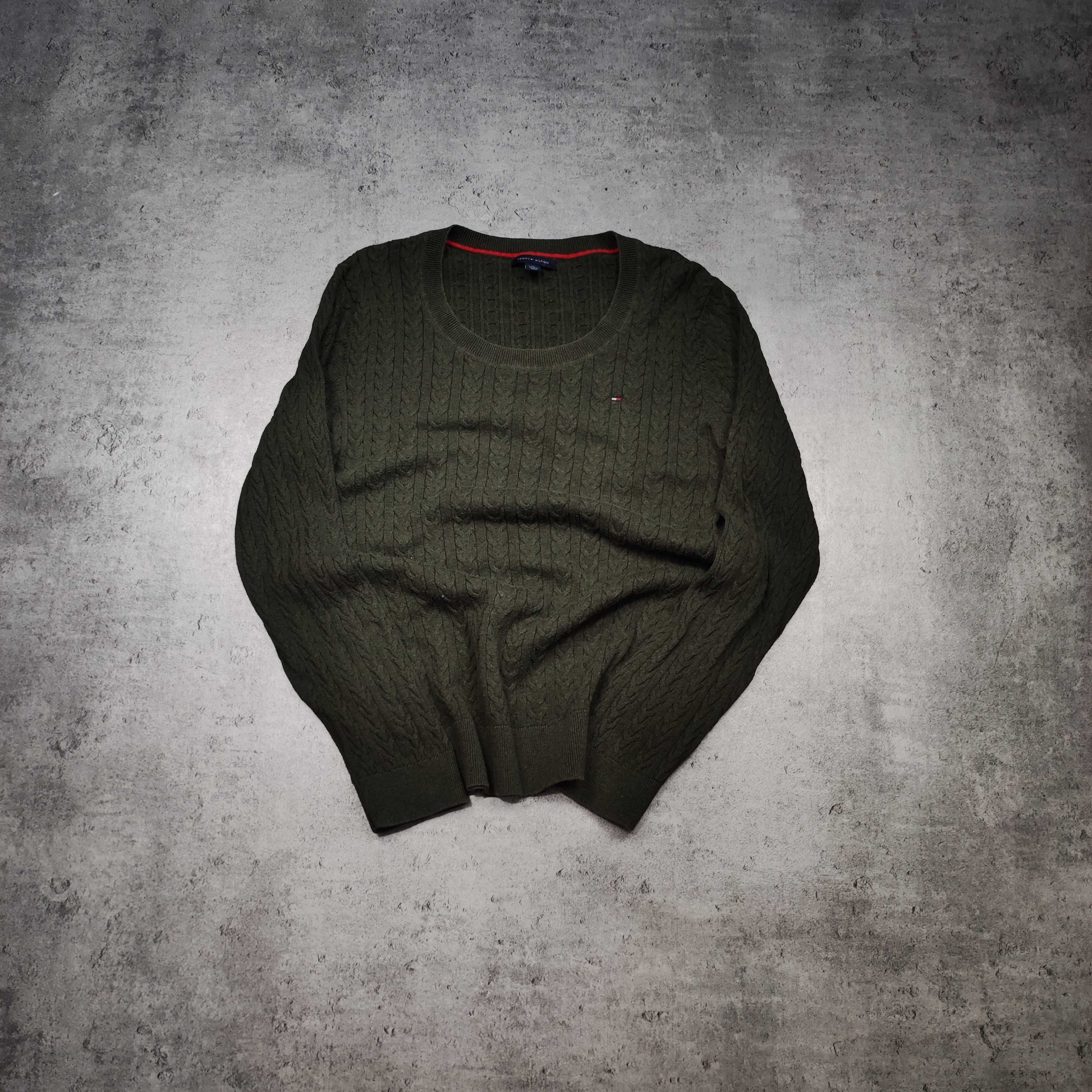 DAMSKI Sweterek Sweter Warkocz Pleciony Tommy Hilfiger Bawełna Khaki
