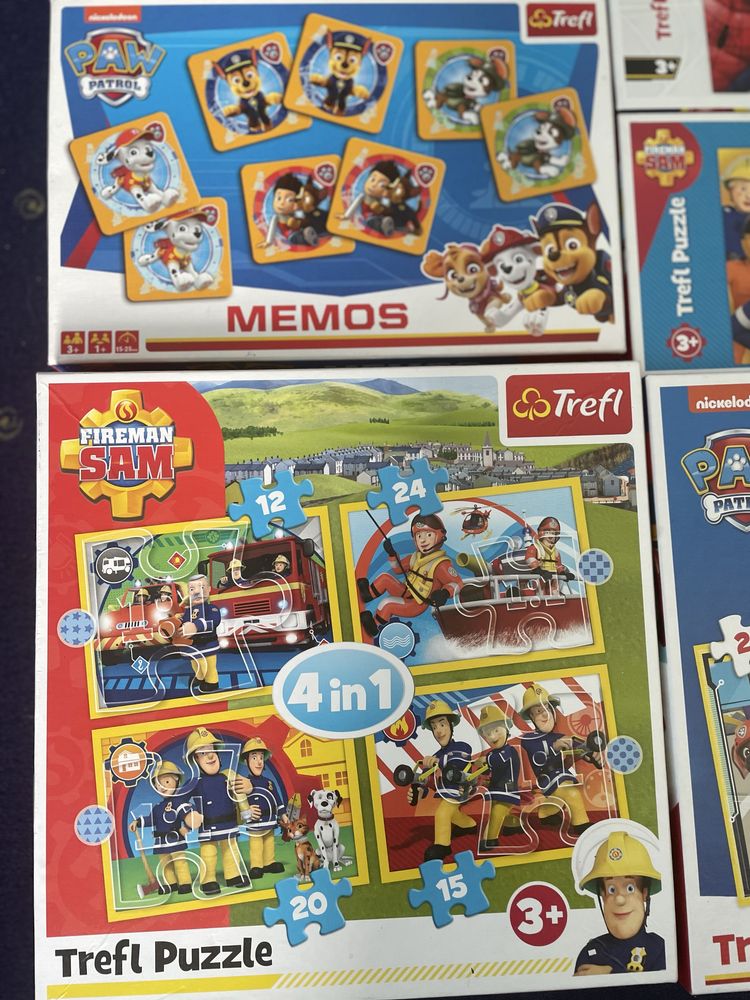 Puzzle Psi Patrol + Strażak Sam + gra memo – puzzle dla dzieci