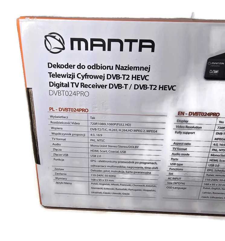 Dekoder Tuner DVB-T2 Manta DVBT024PRO