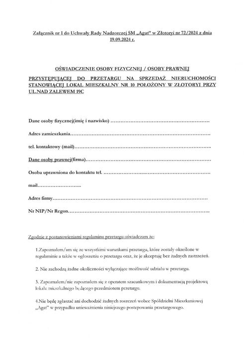 Przetarg nieruchomości lokalowej w Złotoryi przy ul Nad Zalewem 19c/10