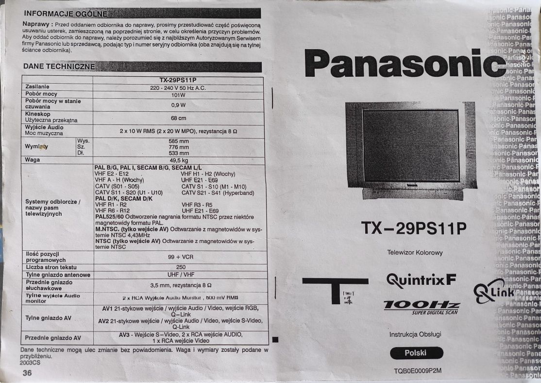 Telewizor Panasonic TX-29PS11P 29 cali