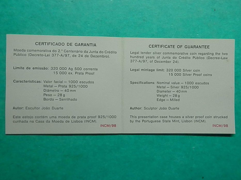 1362 - PROOF: 1.000$00 1997 II Centenário Crédito Público, por 31,00