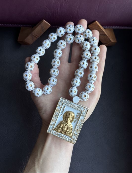 Білі чотки з іконою Четки с иконой Николай Чудотворец роза ветров